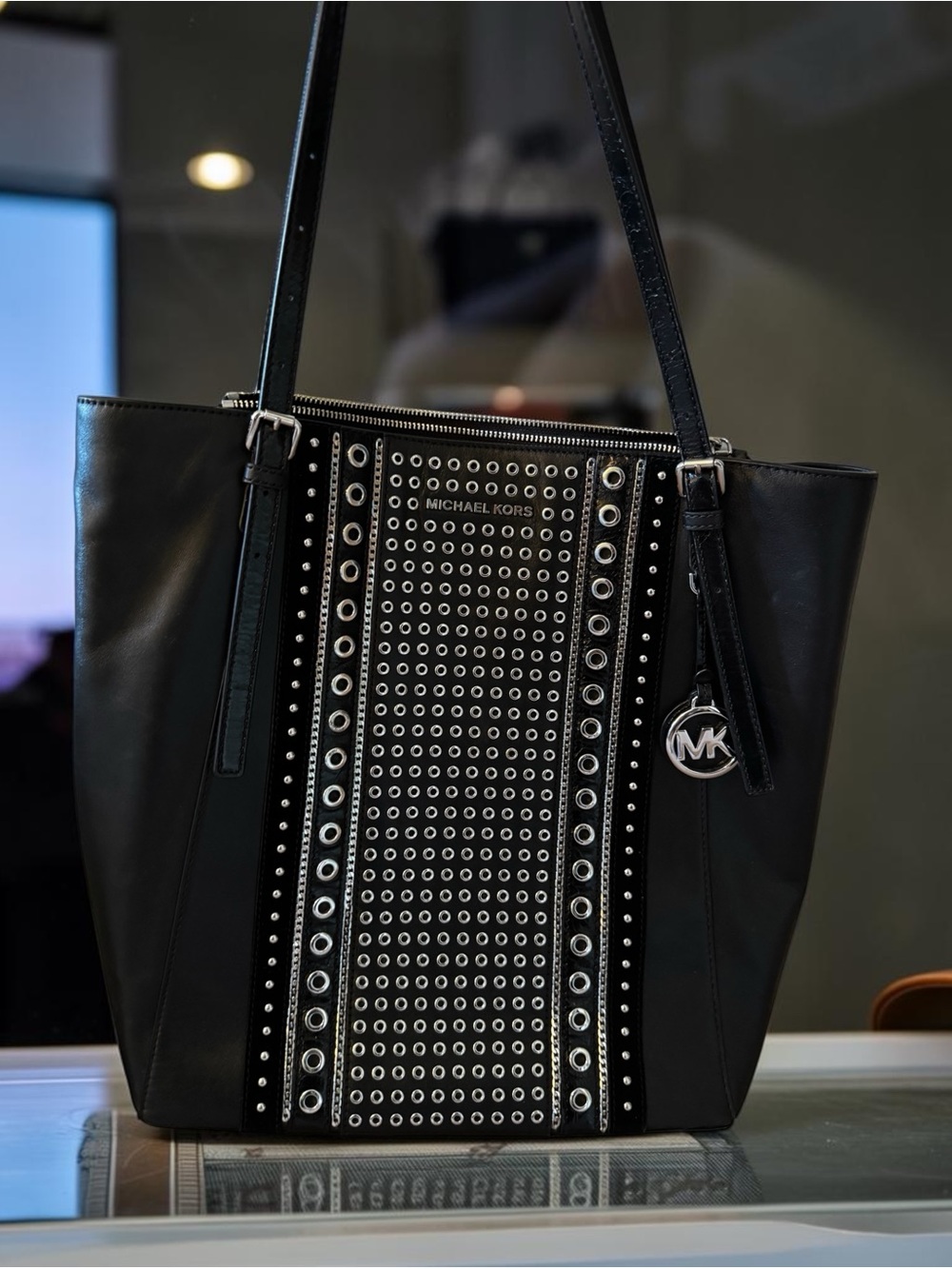 Michael Kors Black Leather Grommet Studded Tote Bag Silver Hardware
